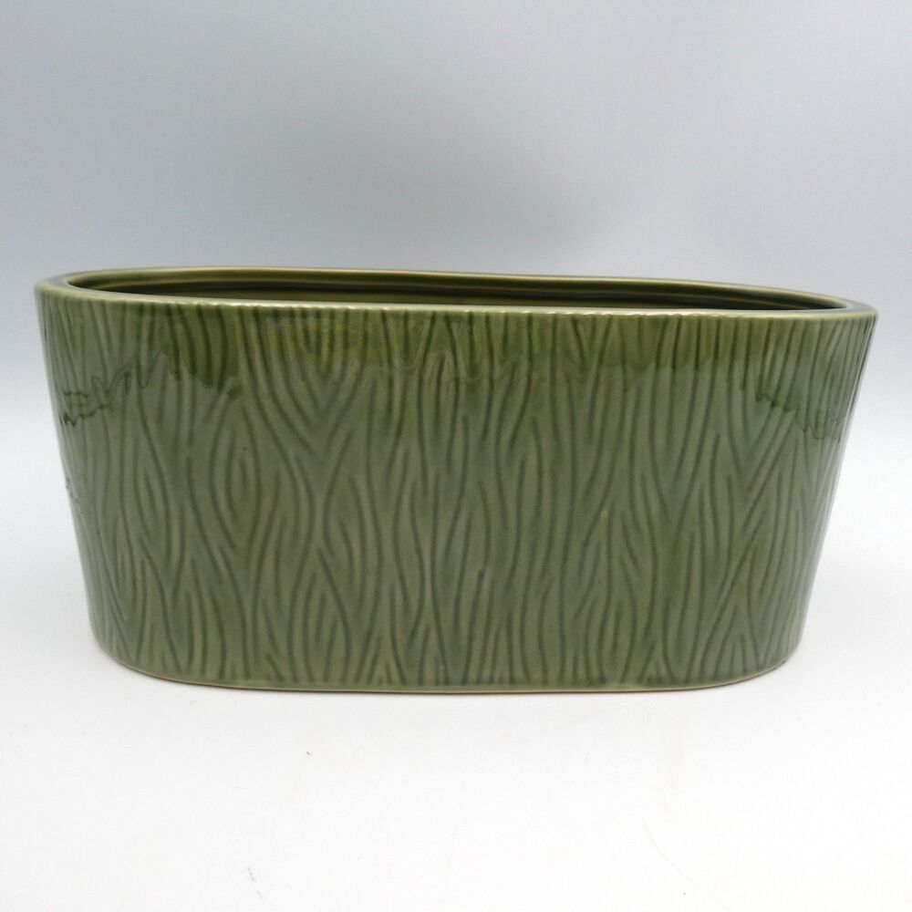 Hosley Potteries Green Textured Oval Ceramic Planter/Vase 3.75" x 8.75" x 4.33"